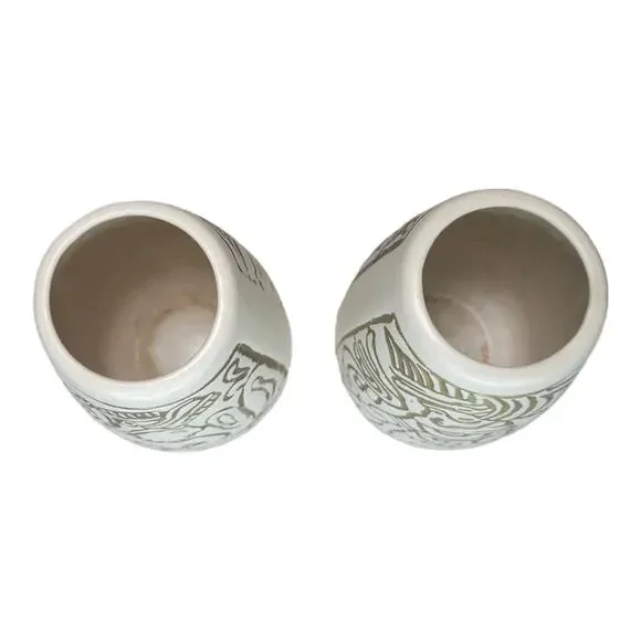 Vintage Mid-Century Mayan Aztec Native Design Vase Pair Cream Gold USA Made - Picture 3 of 16